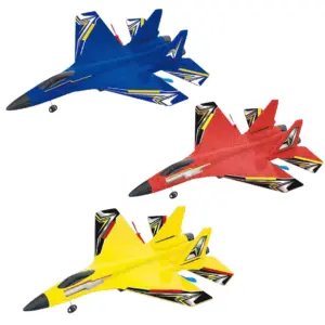 Tres aviones planeadores de espuma RC modelo SU-35 en colores azul, rojo y amarillo con diseño aerodinámico y detalles gráficos.